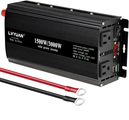 LVYUAN 1500W Power Inverter 24V to 110V DC to AC with 2 US Sockets, LED Display, USB Ports for Home Truck, Outdoor, Camping