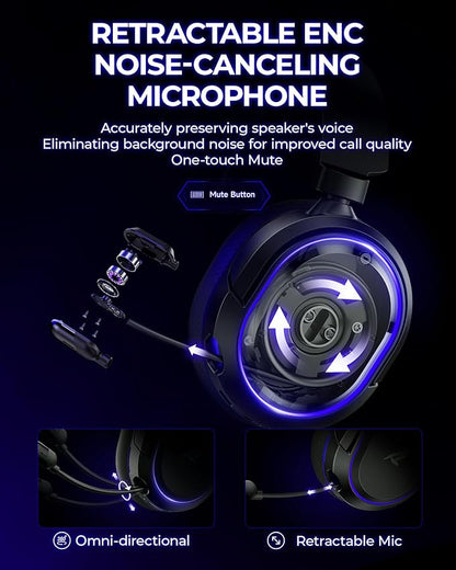 Wireless Gaming Headset, 7.1 Surround Sound, 2.4GHz USB Gaming Headphones with Bluetooth 5.4, 100H Battery, ENC Noise Canceling Mic, RGB Light, Wireless Headset for PC PS5 PS4 Mac Switch (Black-Blue)