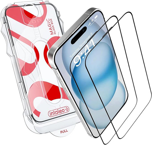 Intaleo Tempered Glass Screen Protector for iPhone 15 – Full Edge-to-Edge Protection, 9H Hardness, Oleophobic Coating - Accessories For IPhone 15 Phone Protector with Applicator - Black Design