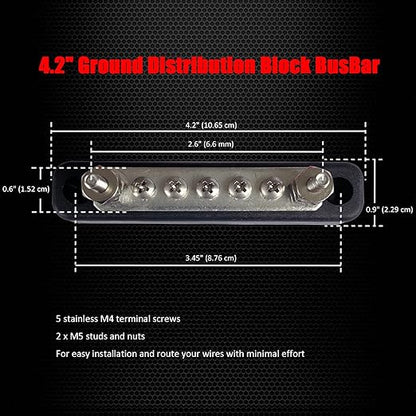 2 x #10 (M5) Studs Power Distribution Block with 5 x #8 (M4) Screws, Ampper 4.2" Bus Bar 12V Power Distribution Terminal Block Battery Busbar for Car Audio Solar (Black)