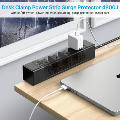 CCCEI 20W Per Side USB-C Desktop Outlet Station, Clamp Power Strip Surge Protector 4800J, Home Office Standing Desk Organizers and Accessories, 10FT 14AWG 15A Extension Cord, Switch, ETL Listing.