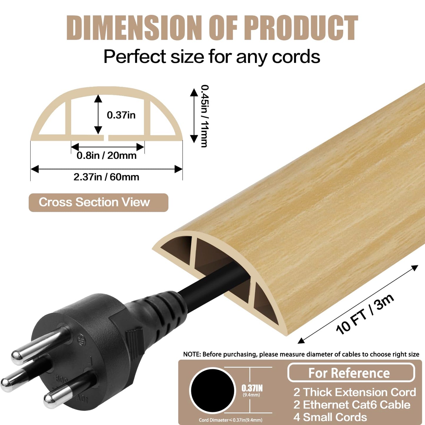 Floor Cord Cover Cavity 0.8"x0.37" Self Adhesive Cord Hider, 10FT Low Profile Cable Management, Extension Strip Protector for Wires, Prevent Cable Trips for Offices, Gyms,(Wood Light Yellow)