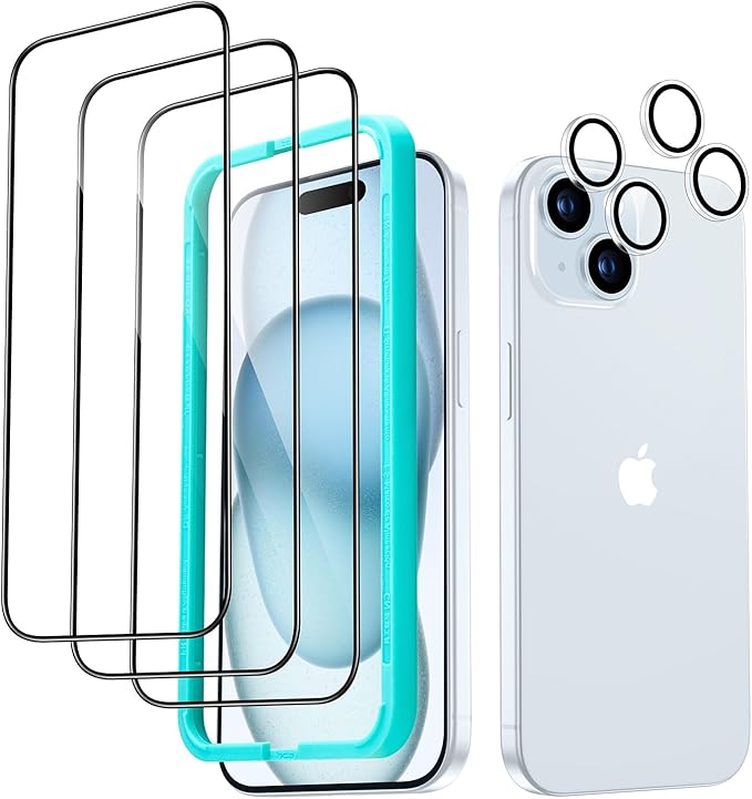ESR 3+2 Pack for iPhone 15 Plus Screen Protector, 3 Black Edge Tempered-Glass Film and 2 Set Camera Lens Protector, 2.5D Curved Edges, Full-Coverage Military-Grade Protection, Scratch Resistant
