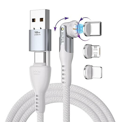 Statik 360 Pro Magnetic Charging Cable - Type C Charger Fast Charging 3 in 1 USB C to USB C Cable, Micro USB & iProduct Tips, USB A Adapter, Compatible w/All Devices - 100W Fast Charger, White 6FT/2M