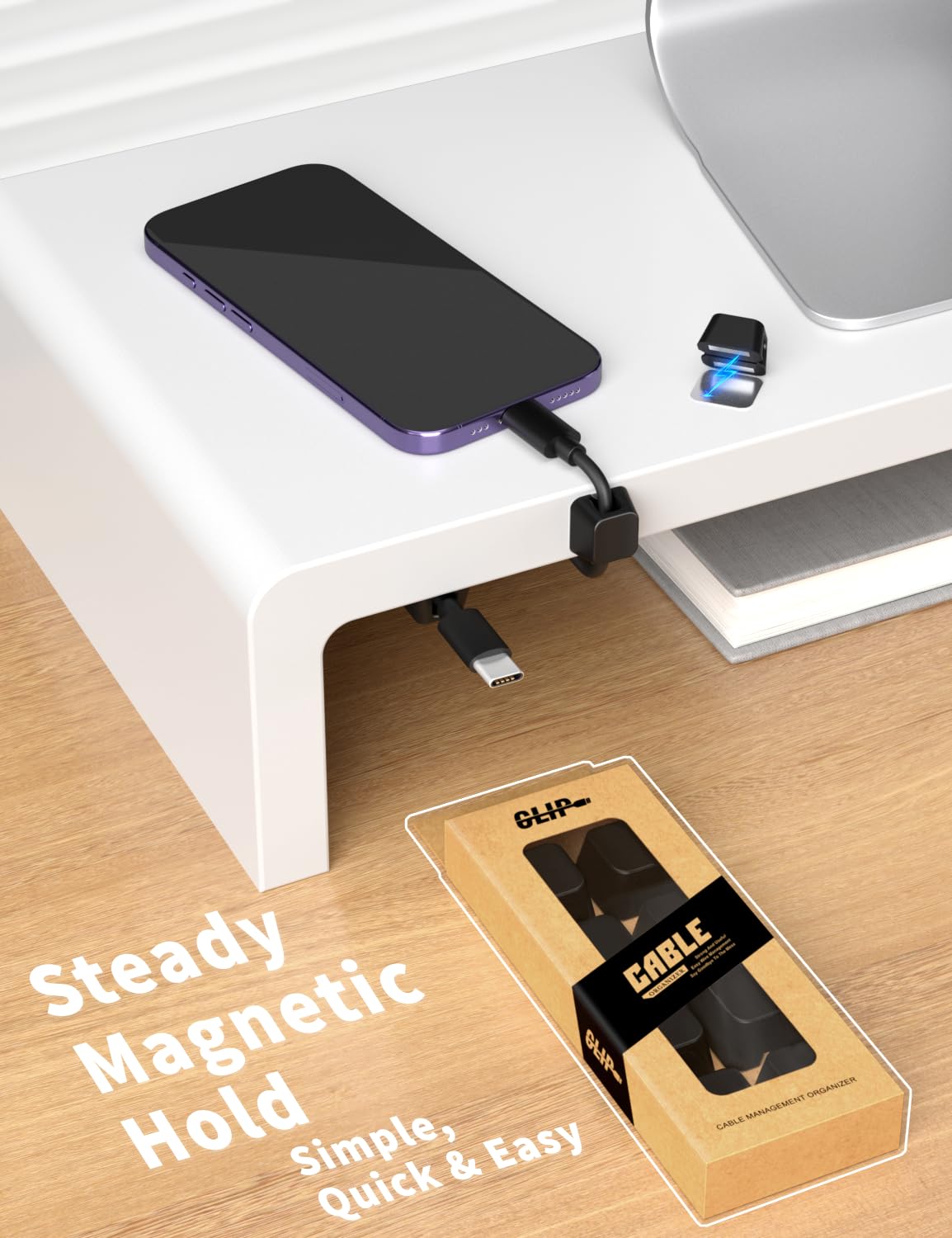 Viaky 8 Pack Magnetic Cable Clips, Large Size Under Desk Cable Management, Workspace Charger Organizer,Cord Holder with Adhesive Metal Disc, Office Desk Accessories for Nightstand Car Wall (Black)