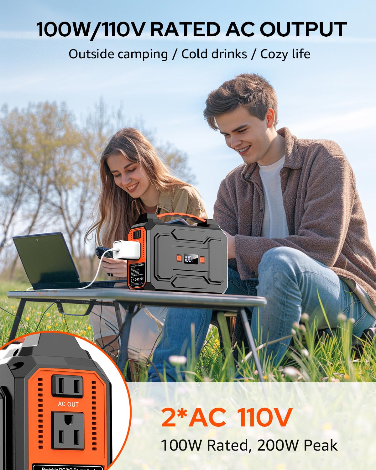 Portable Power Station, 146Wh 100W Solar Powered Power Bank with AC Outlet