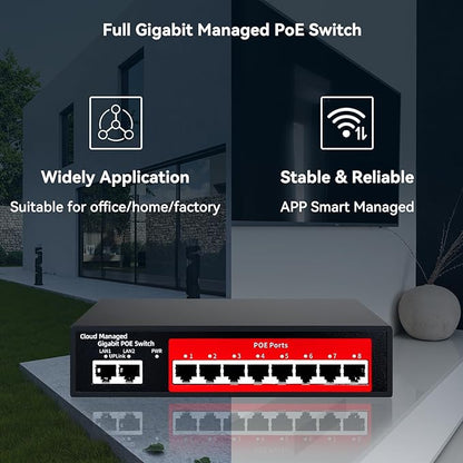 STEAMEMO 10-Port Gigabit Managed PoE Switch, 8 PoE+ Ports@120W, 2 Uplink Ports, VLAN, PoE Scheduler, Fanless, Plug and Play, Sturdy Metal, Desktop and Wall-Mount