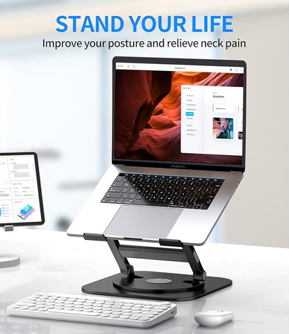 Adjustable Laptop Stand with 360 Rotating Base, Stable Computer Stand for Laptop Ergonimic Foldable Laptop Riser for Desk Compatible with MacBook Pro/Air Notebook up to 16 Inches, Black