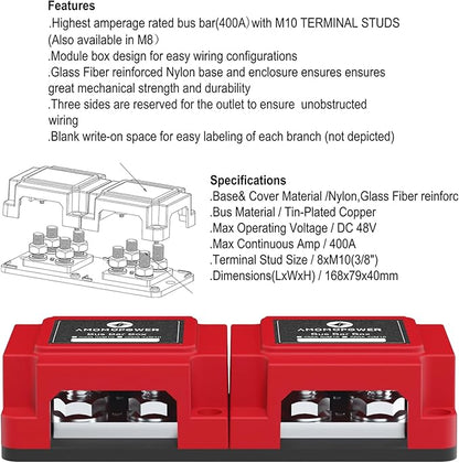 400A Bus Bar 8 M10 (3/8 inch) Terminal Studs Modular Design Tin Plated Copper Distribution Block Positive Pole Electrical Buss Bars 12-48 V DC with Cover for Trailer Marine Boat Car RV