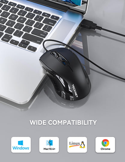 TECKNET Wired Mouse, USB Wired Computer Mice, 3600DPI 4 Adjustable Levels, 6-Button Ergonomic Mouse for Laptop PC Desktop Notebook - Black