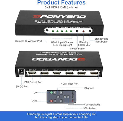 HDMI 2.0 Switch 5 Port 4K@60Hz Auto-Switching – 5 in 1 Out with Remote, HDR10, 3D, Ultra HD for PS5/Xbox/PC/Fire TV, Zero Delay