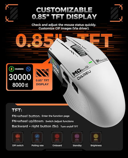 DAREU A980PROMAX Wireless Gaming Mouse-4K/8K Polling-30K DPI Optical Sensor-0.85' TFT Color Display-Magnesium Alloy Buttons-2.4G Wireless/BT/USB Connectivity-Nano Receiver Included