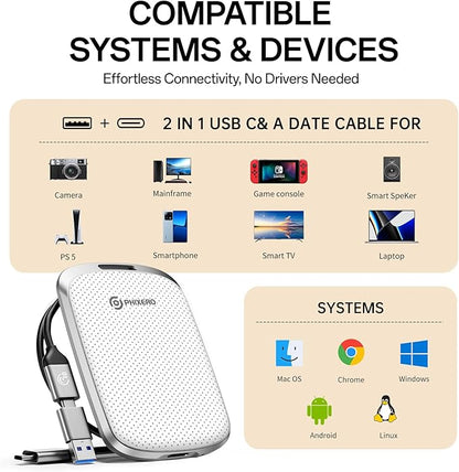 PHIXERO P5PLUS Portable SSD 1TB Up to 550MB/s, USB 3.2 Gen 2 External Solid State Drive，USB C to C&A for Smartphone，Tablet，PC，Labtop (White)