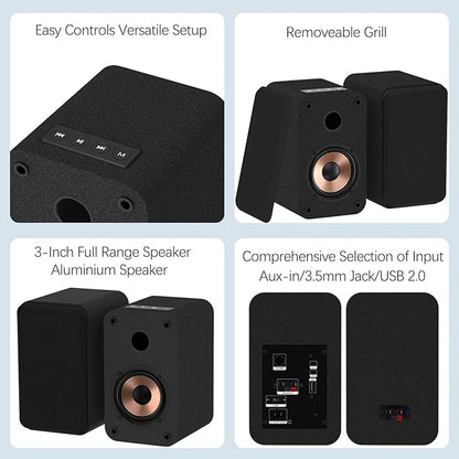 LONPOO Blueooth Computer Speakers for Desktop PC and Laptop, Plug-N-Play, 30W RMS Active Bookshelf Speaker with 3-Inch Full Range Speaker,Support USB Playback,Aux-in and 3.5mm Earphone Port