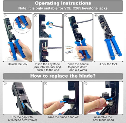 VCELINK Speed Termination Tool for VCE 90-Degree Keystone Jacks Punch Down Network Tool Kit with 20-Pack CAT6 Keystone Jacks UL-Listed Black, 25-Pack RJ45 Connectors, and 1-Pack Mini Wire Stripper