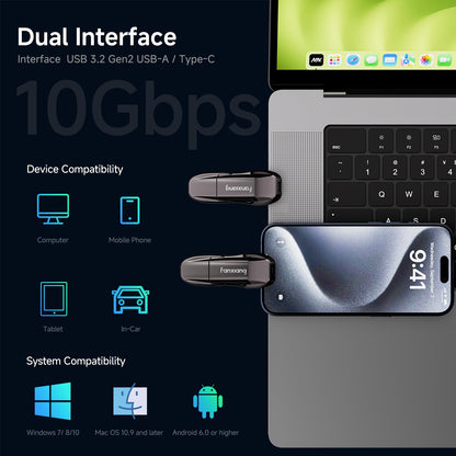fanxiang Flash Drive 512GB, USB 3.2 Gen2 Up to 1050MB/s, USB Drive, USB A + Type C External Portable SSD for iPhone 15/Pro/Android Phone/Windows/MacPC/Laptops, FF952