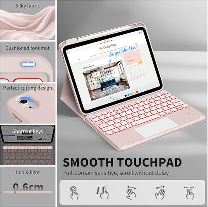 JKSML for iPad(A16) 11th/10th Generation Case with Keyboard (11/10.9 inch) 2025/2022, 7 Color Backlight Detachable Bluetooth Cover with Trackpad, Flip Stand Case Thin with Pencil Holder, Baby Pink