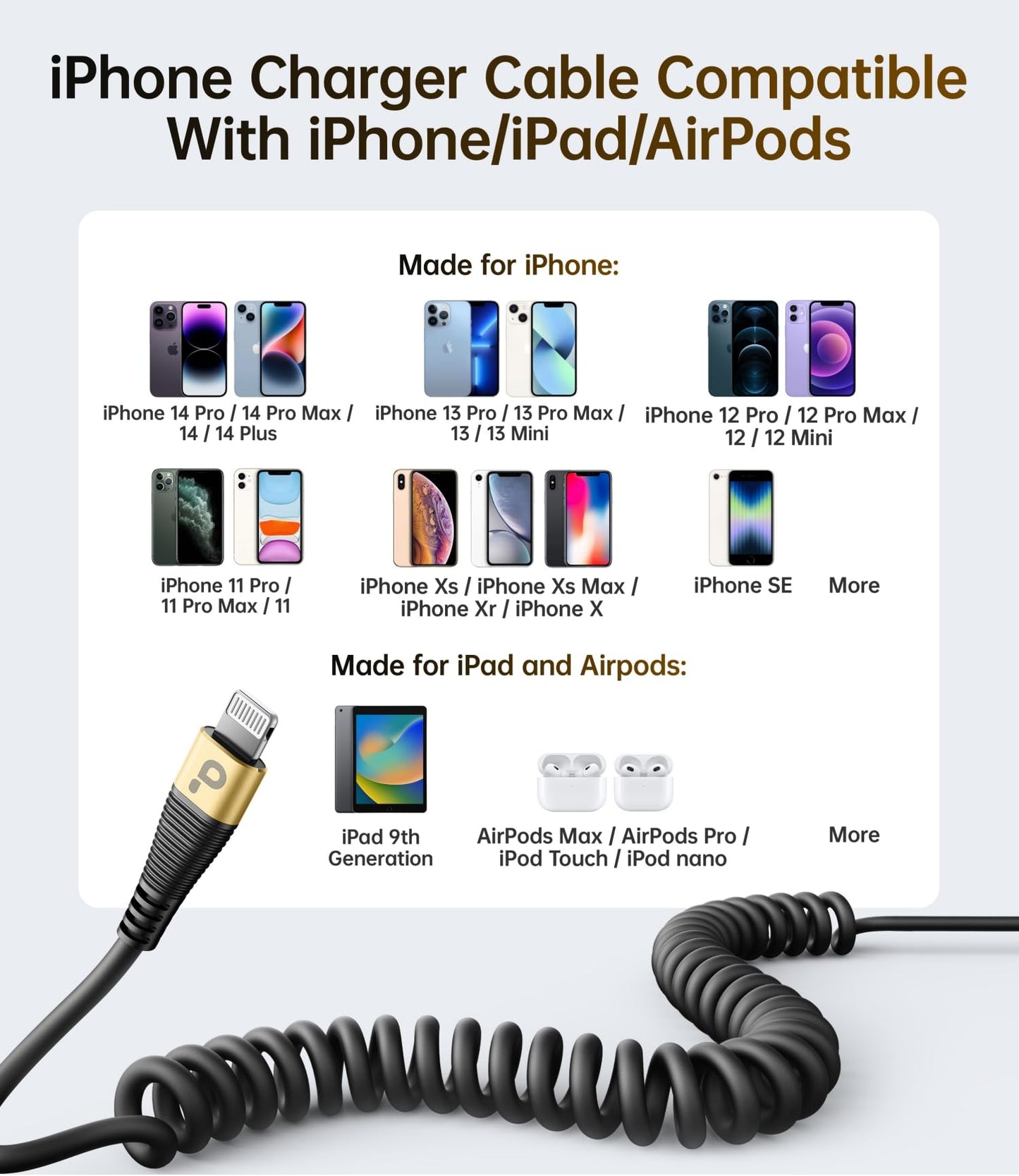Short iPhone Charger Cable for Car, 2 Pack 3FT Coiled Lightning Cable