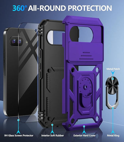 Taisairu for Google Pixel 9A Case with Screen Protector & Slide Camera Lens Cover, Built-in 360°Rotate Magnetic Ring Stand Shockproof Protective Phone Case for Google Pixel 9A Case (Purple)