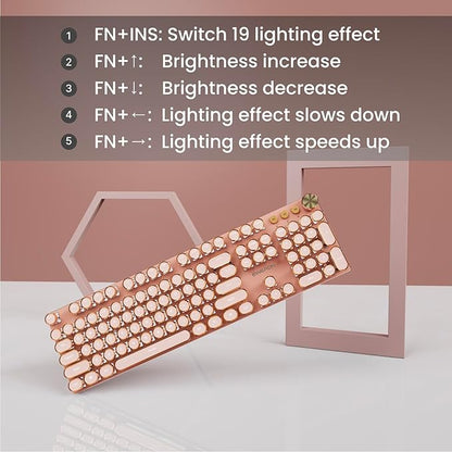 EWEADN V20 Typewriter Keyboard Wireless, 104 Keys Typewriter Style Mechanical with White Backlit, Media Knob, Pink Switch 2.4G/Bluetooth/USB-C Wired Retro Full Size Keyboard for Windows/Mac/PC-Pink