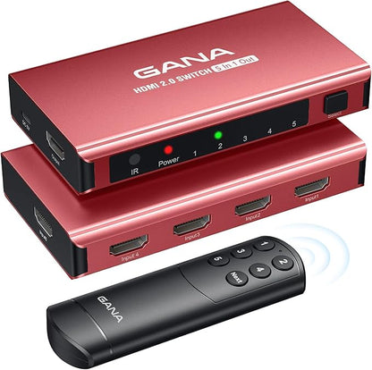 HDMI Switch 5 in 1 Out 4K@60Hz, GANA HDMI Splitter Switcher with Remote, Aluminum HDMI 2.0 Switch Box Hub for 3D, HDCP2.2, HDR, Compatible with Xbox, PS5/4/3,Fire Stick,Roku,Blu-Ray Player, Red