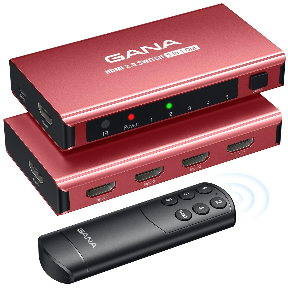 HDMI Switch 5 in 1 Out 4K@60Hz, GANA HDMI Splitter Switcher with Remote, Aluminum HDMI 2.0 Switch Box Hub for 3D, HDCP2.2, HDR, Compatible with Xbox, PS5/4/3,Fire Stick,Roku,Blu-Ray Player, Green