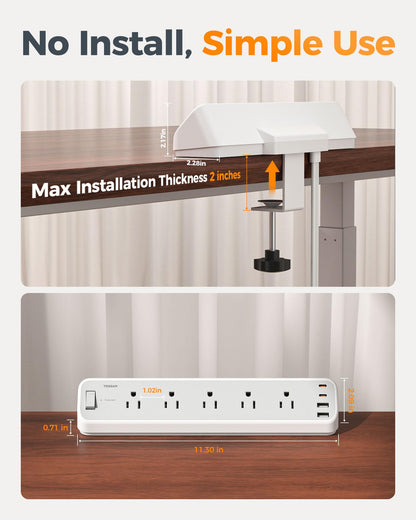 TESSAN Desk Clamp Power Strip 10 Ft with 2100J Surge Protector, Gray