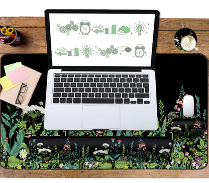 Keyboard Mouse Pad Set, Extended Mouse Pad+Keyboard Wrist Rest Support, Memory Foam Ergonomic Easy Typing, 3Pcs (35.4×15.7 in) Desk Pad Set for Home Office Study Game - Weeds