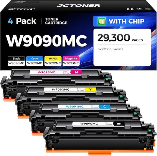 W9090MC Toner Cartridge Set 4-Pack High Capacity with Chip Replacement for HP W9090MC W9091MC W9092MC W9093MC Compatible with HP Color LaserJet Managed E45028dn MFP E47528f Printer Ink Copy Black Cyan