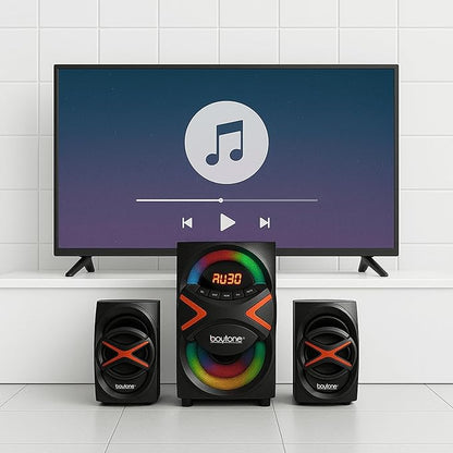 Boytone BT-326F, 2.1 Bluetooth Powerful Home Theater Speaker System, with FM Radio, SD USB Ports, Digital Playback, 40 Watts, Disco Lights, Full Function Remote Control, for Smartphone, Tablet., Black