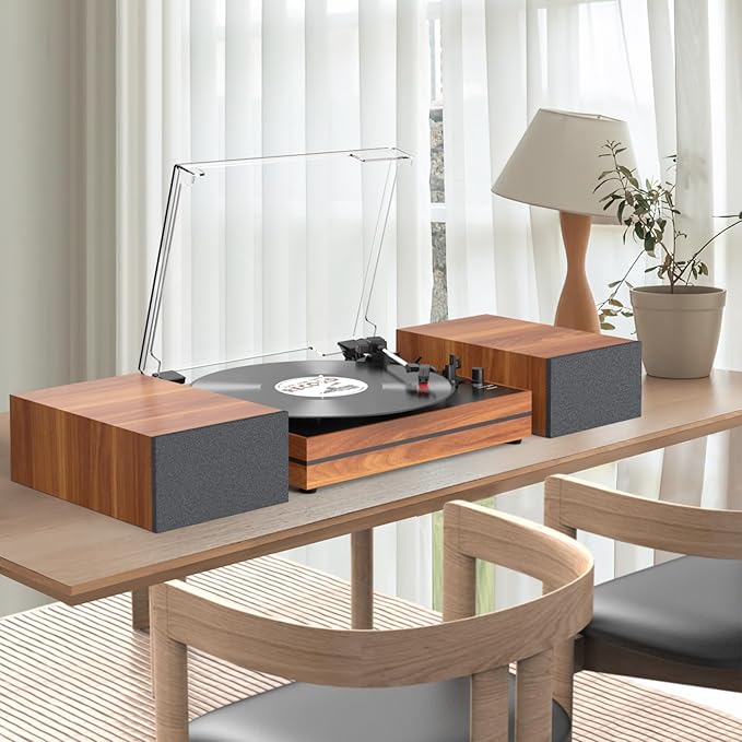 Vinyl Record Player with Speakers Vintage Turntable for Vinyls Records External Speakers Belt-Driven Turn Table Support 3-Speed Wireless Playback Headphone AUX-in LP Phonograph Audio Sound Wood Red