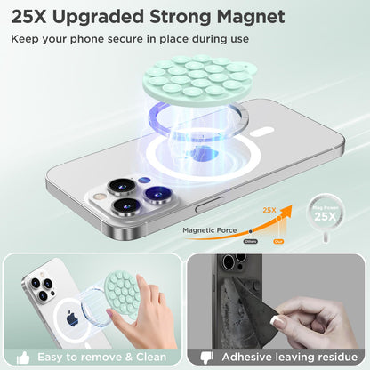 HSAOHD Magnetic Suction Cup Phone Mount, Compatible with MagSafe, Silicone Octo Cup Buddy Sticky Grip Holder for iPhone and Android, Removable Hands-Free Selfie/Video for TikTok, Mint Green