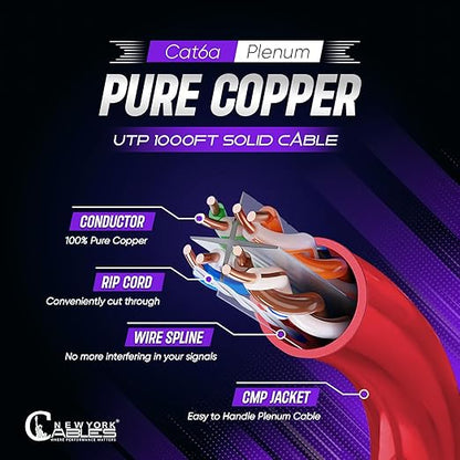 Newyork Cables Cat6a Plenum Cable 1000ft - Certified 100% Solid Pure Copper CAT6 A Ethernet Cable – 23 AWG, 750 MHz, PoE++ - Unshielded Twisted Pair - Cat 6a 10 GB High Speed for Networking & Gaming