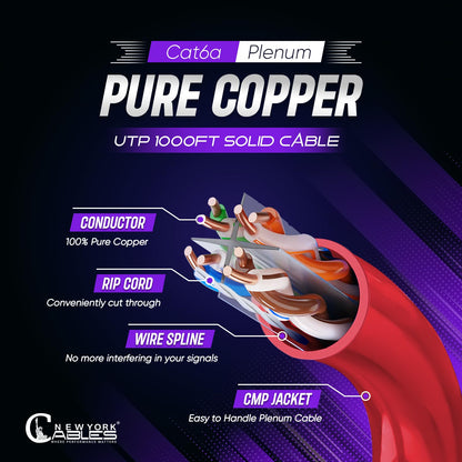 Newyork Cables Cat6a Plenum Cable 1000ft - Certified 100% Solid Pure Copper CAT6 A Ethernet Cable – 23 AWG, 750 MHz, PoE++ - Unshielded Twisted Pair - Cat 6a 10 GB High Speed for Networking & Gaming