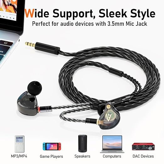 Premium HiFi IEM Cable with Mic – Silver-Plated 3.5mm to MMCX Cord - Lossless Sound for Shure SE215/315/425/535/846 & Vibes 201/202 - Tangle-Free in-Ear Monitor Cables - Black (HC001M)