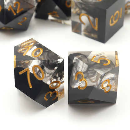 Haxtec Sharp Edge DND Dice Set, Black Swirls Resin Polyhedral RPG Dice