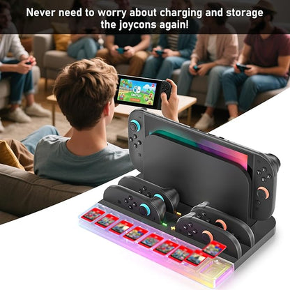 Charger Dock Station for Nintendo Switch 2 Joycon, Switch 2 Charging Dock with RGB Light Mode, Portable Charging Station with 9 Game Slots