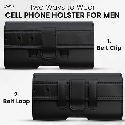 Leather Phone Holster for Men & Women, Horizontal Cell Phone Case with ID/Card Holder, Fits iPhone 13/12 Mini, SE, Xs/X, 8, 6s - Belt Clip/Loop Carrying Phone Pouch – Small Size