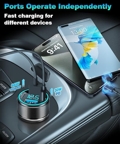 2 Packs of 66W USB C Car Charger 4 Port Car Charger Adapter with 30W PD, 3.1A Aluminium Alloy Car Cigarette Lighter USB Charger with LED Voltmeter Compatible with Phone 15 14 13