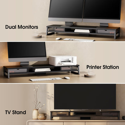 Fenge Dual Monitor Stand Riser, 42.5in Desk Shelf with 2 Drawers, Black