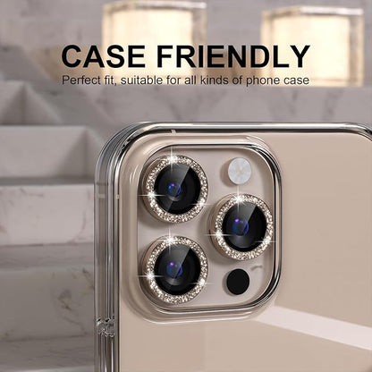 Choiche Compatible for iPhone 16 Pro/iPhone 16 Pro Max Camera Lens Protector Bling, 9H Tempered Glass Camera Cover Screen Protector Metal Ring Decoration Accessories(Glitter-Titanium Desert)