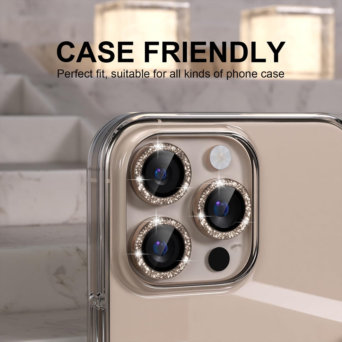 Choiche Compatible for iPhone 16 Pro/iPhone 16 Pro Max Camera Lens Protector Bling, 9H Tempered Glass Camera Cover Screen Protector Metal Ring Decoration Accessories(Glitter-Titanium Desert)