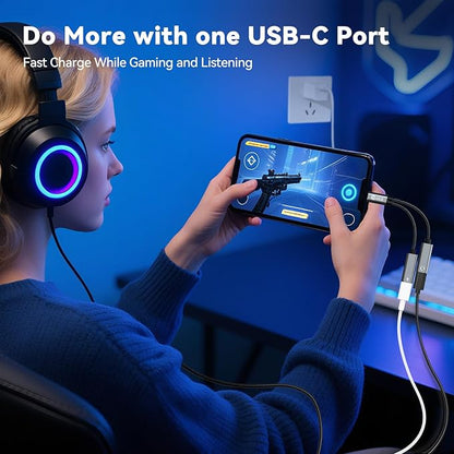 USB C Splitter,1 in 2 Out Dual USB C Type Headphone and 60W PD Charger Audio Adapter,Hi-Fi Sound Quality Type C Headphone Adapter and Charging Dongle Cable for Phone 16/15 Pro Max(USB-USB,5Pack)