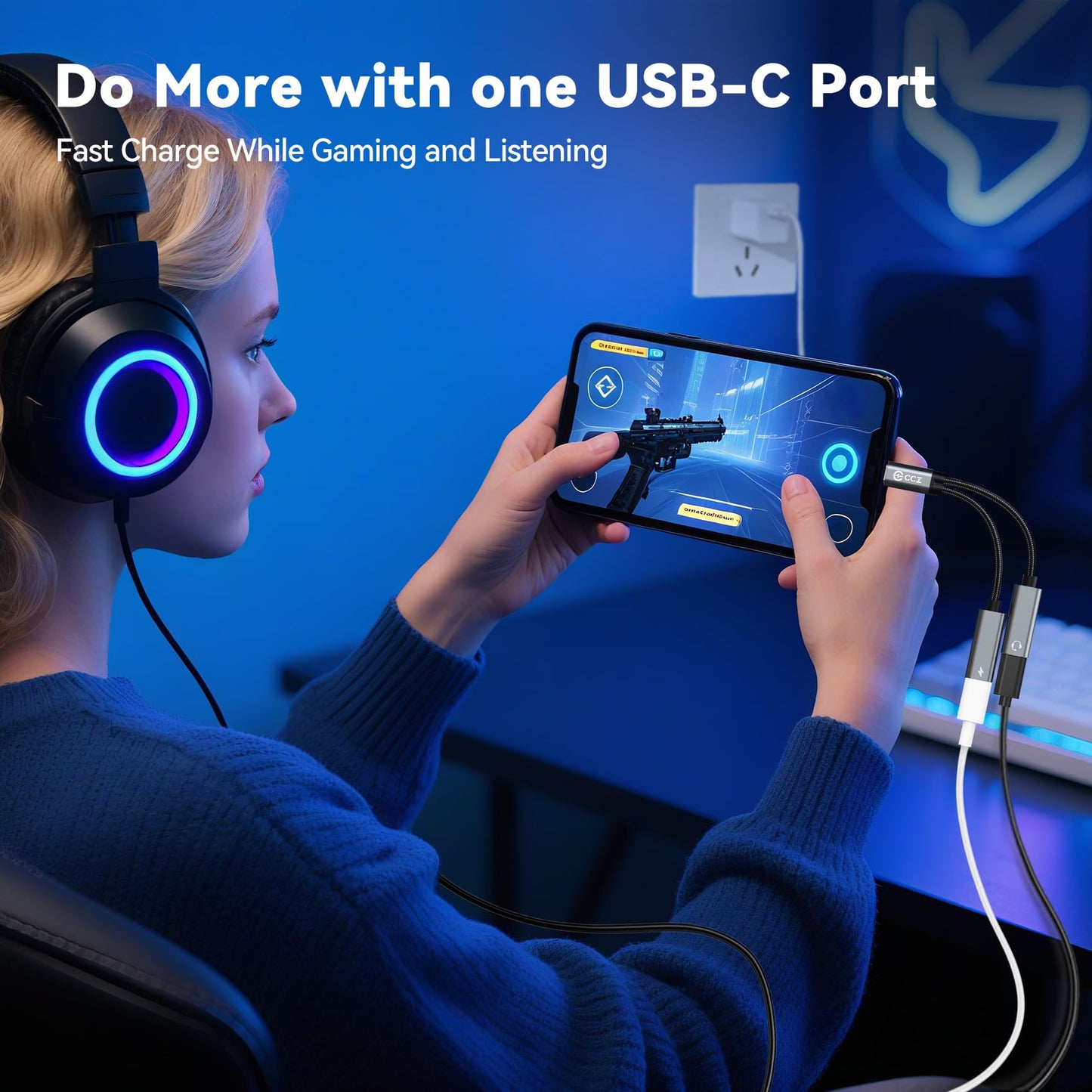 Dual USB C Audio Adapter and Charger Audio Adapter,2 in 1 Hi-Res 16bit/48kHz DAC Aux to USB C with 60W PD Fast Charging Dongle Cable for iPhone 16 Pro Max, Galaxy S25Ultra, iPad Pro(USB-USB, 3Pack)