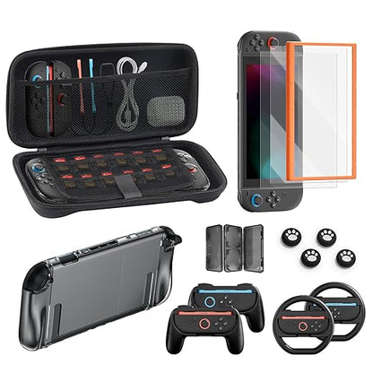 Switch 2 Accessories Bundle for Nintendo, 16-in-1 Game Kit: Carrying Case, Screen Protectors with Alignment Frame, Steering Wheels, Grips for Joycon Controller, Dockable Console Protective Cover Shell