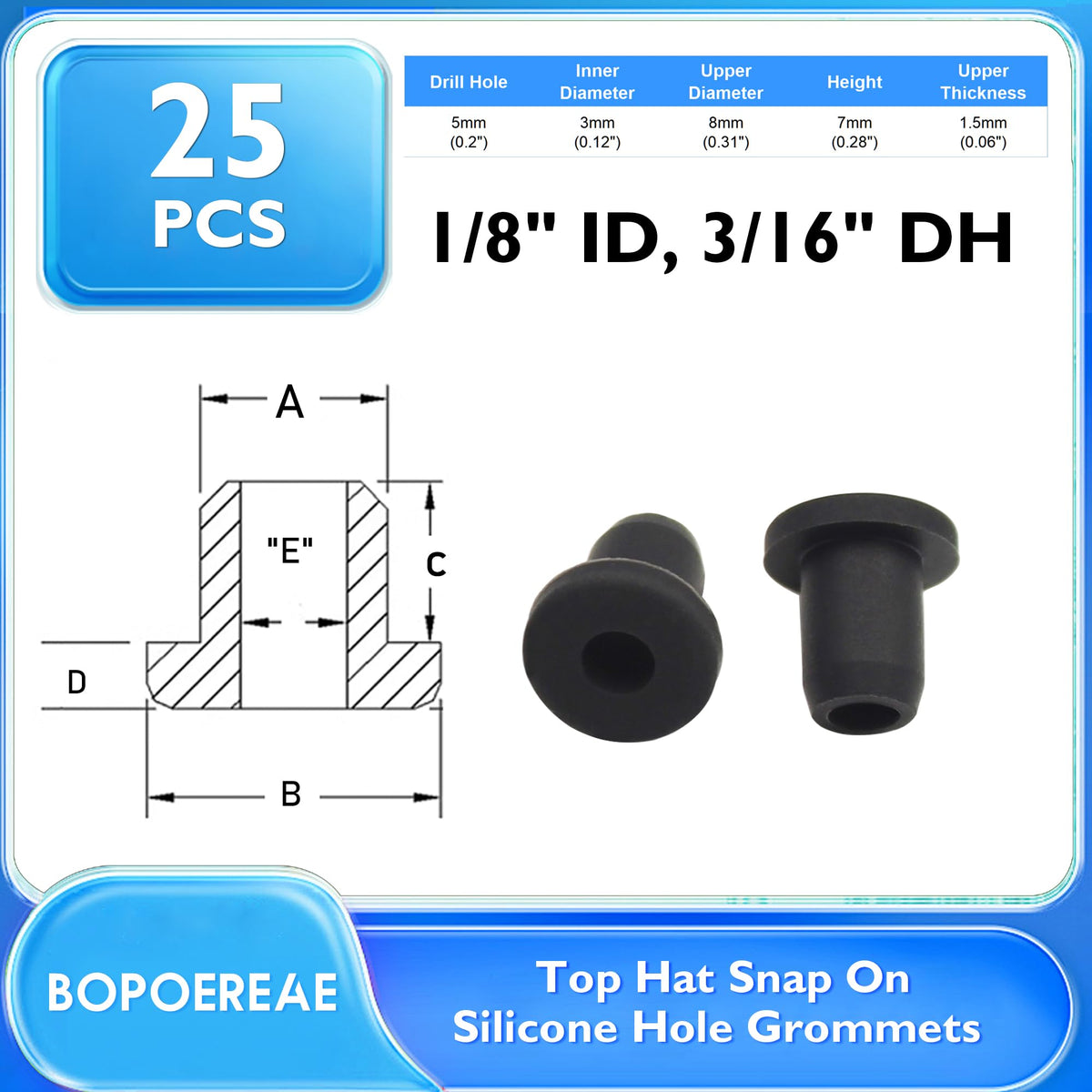 BOPOREAE 3/16" Drill Hole, 1/8" ID Silicone Rubber Grommets for Wiring