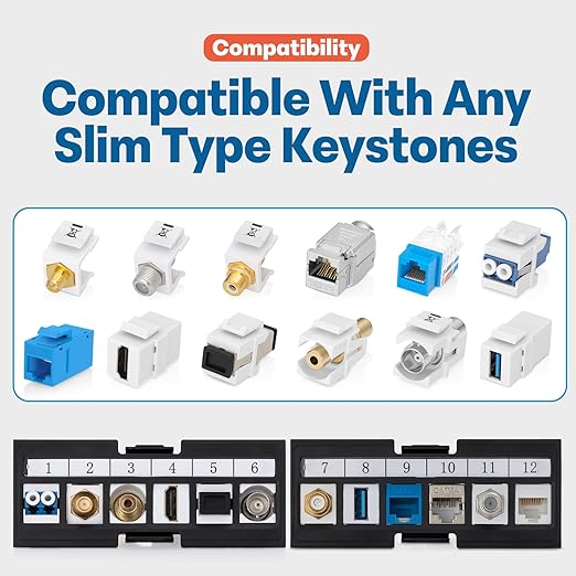 Everest 24 Port Keystone Patch Panel (2-Pack) - Removable 6-Port Panels - Use with Slim Profile Keystones ONLY (Wider Jacks May not fit Side by Side) - 8 Blank Keystone Jack Inserts Included