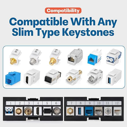 Everest 24 Port Keystone Patch Panel (2-Pack) - Removable 6-Port Panels - Use with Slim Profile Keystones ONLY (Wider Jacks May not fit Side by Side) - 8 Blank Keystone Jack Inserts Included