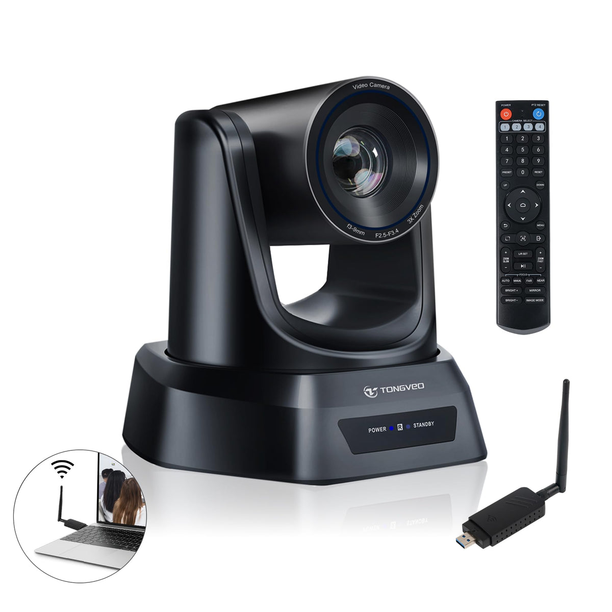 TONGVEO Wireless AI PTZ 20X Zoom Camera with Auto-Tracking: Built-in 5.8GHz Receiver for Cable-Free Setup, 1080P 60fps Conference Camera for Church Services, Online Classes & Hybrid Meetings