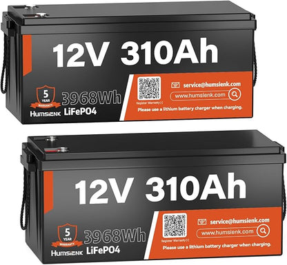 12V 310Ah LiFePO4 Lithium Battery 2PCS– Max. 3968Wh, 15000+ Deep Cycle Battery with 100A BMS, Low-Temp Cutoff | A+ Grade Cells for Marine, Trolling Motor, Off-Grid Home Energy Storage, Van Life